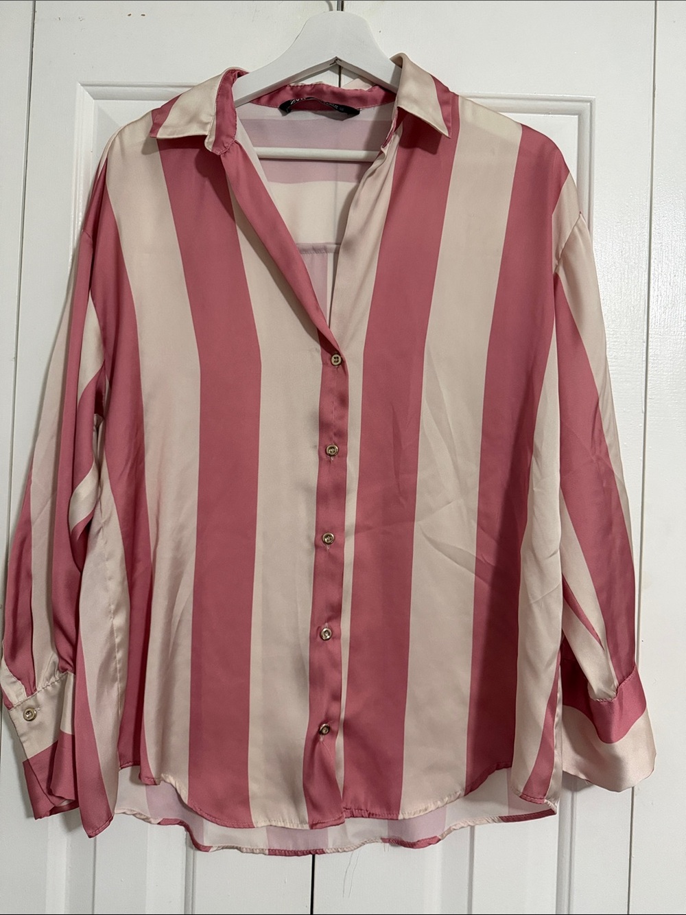 Zara Pink & Cream Vertical Stripe Button-Down Blouse